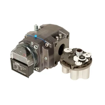 Un contor de gaz cu pistoane rotative, gri închis, cu mecanism indicator și o etichetă neagră în față, lângă cartușul său demontat, cu roți dințate albe și cilindri metalici.