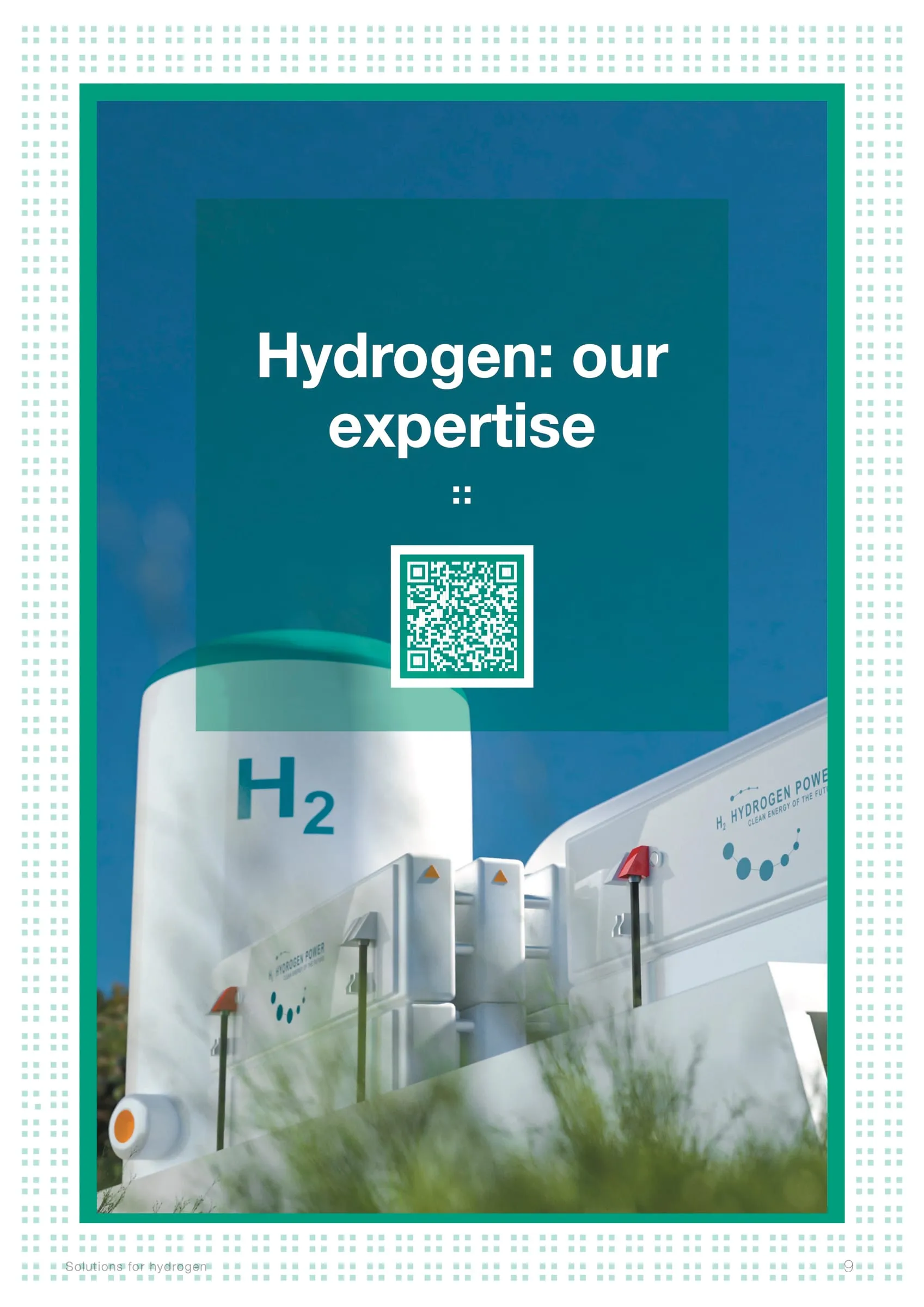 Pagină din catalogul pentru hidrogen, intitulată „Hydrogen: our expertise”, cu un cod QR deasupra fotografiei unui rezervor alb de H2.