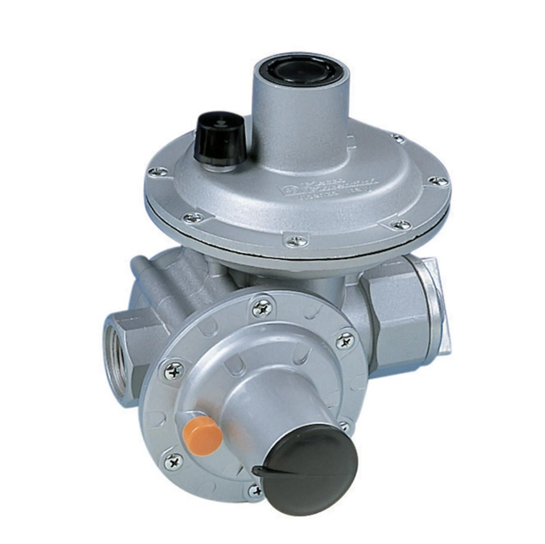 A silver-grey gas pressure regulator with a round diaphragm cover and a black-capped cylinder on top, a smaller round housing in front with a black cap and an orange button, and threaded connections.