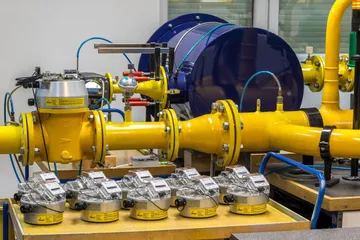 Un stand de verificare a contoarelor de gaz, cu conducte galbene și un vas cilindric mare, albastru, iar în față o tavă cu mecanisme indicatoare mici, cu capace transparente și benzi galbene.
