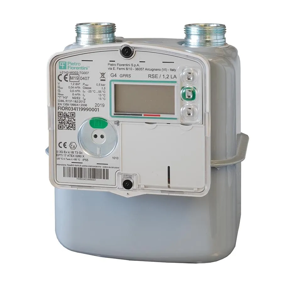 A residential gas meter with a grey body, two threaded connections on top and a front panel with a digital display, three buttons and a Pietro Fiorentini label.