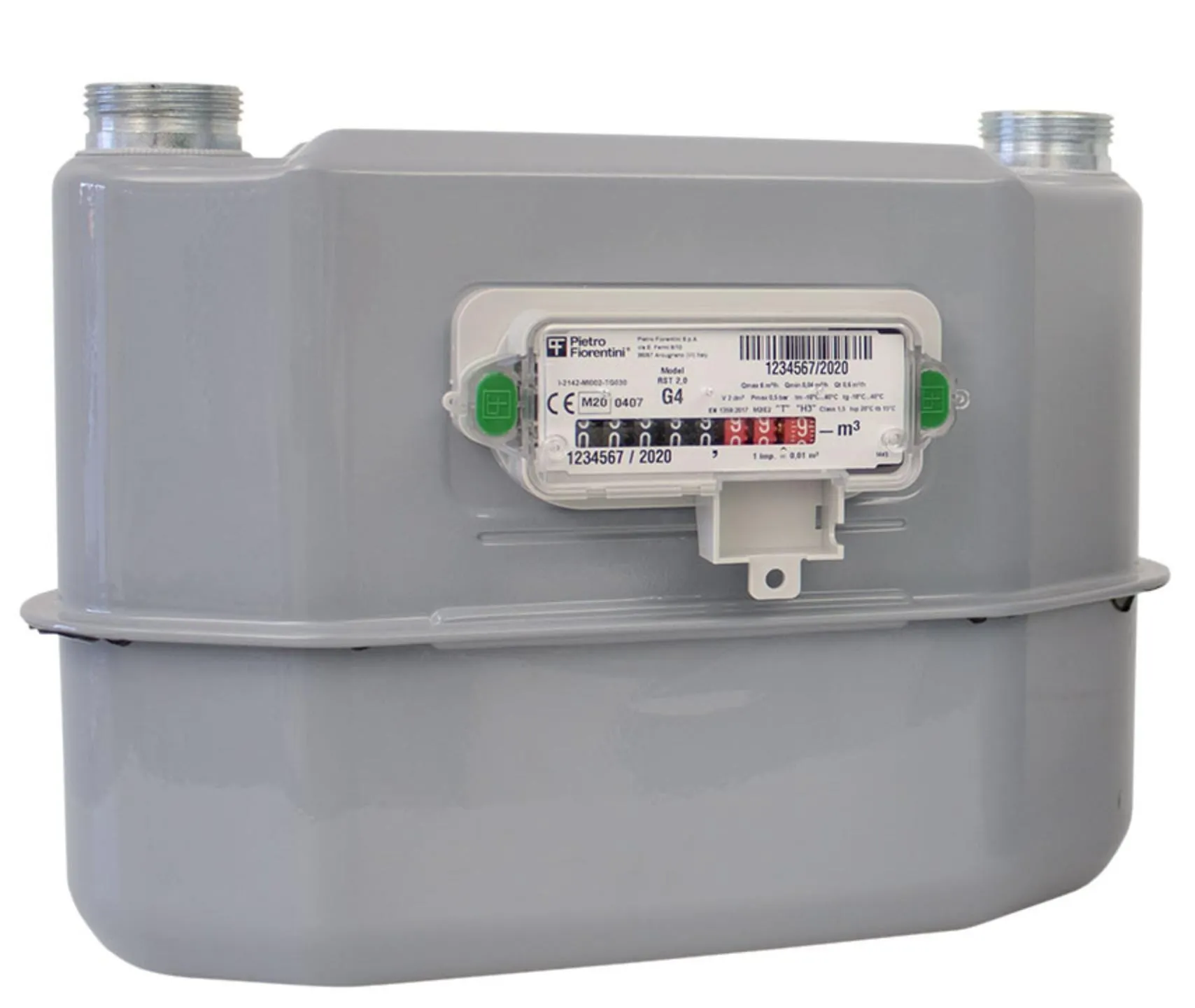 A grey gas meter with two threaded connections on top and a front index window showing a digit counter between two green side tabs.